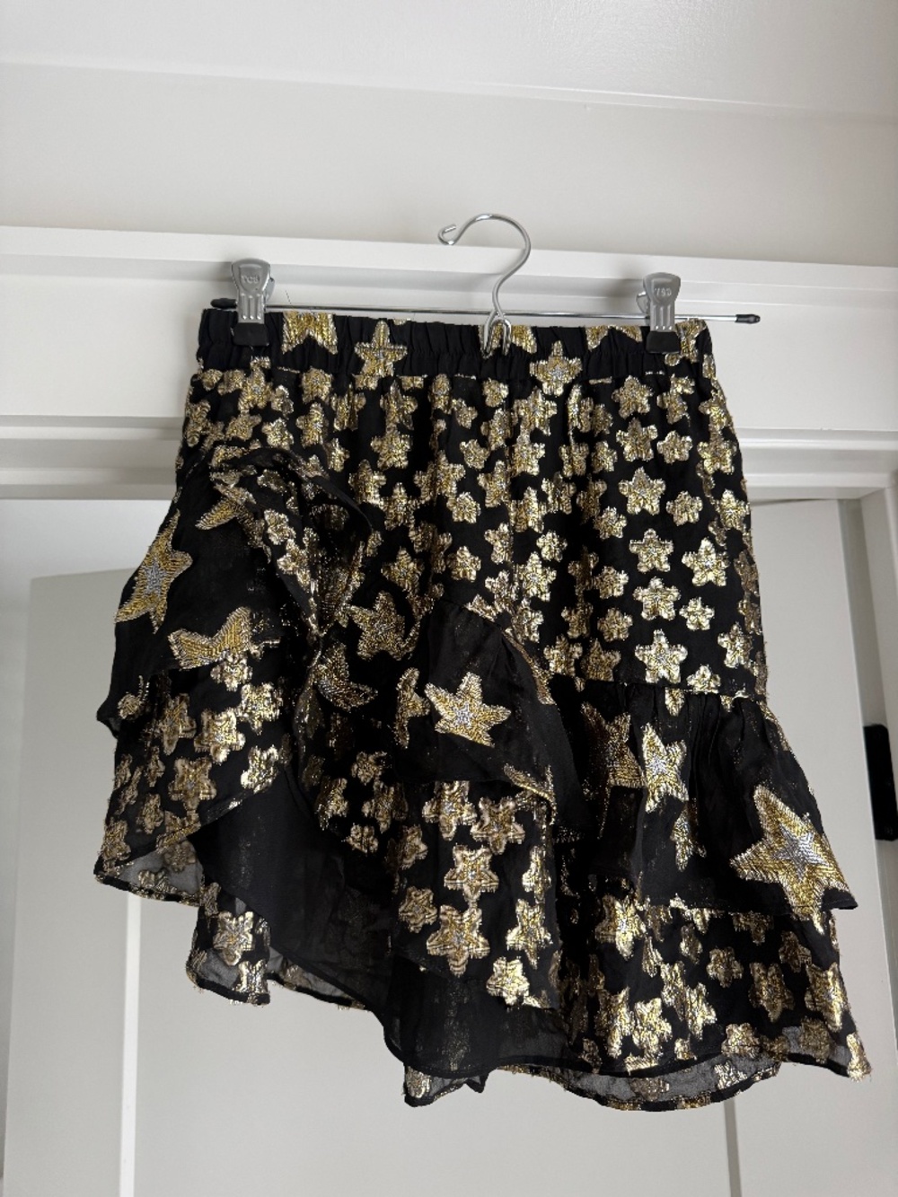 LoveShackFancy Black & Gold Metallic Ruffle Mini Skirt XS